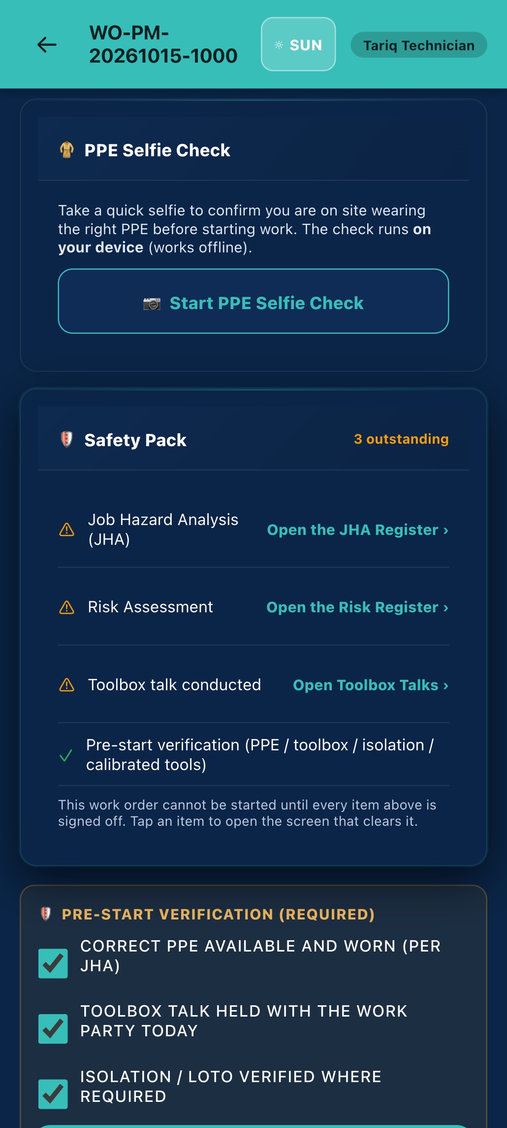 Phone work order WO-PM-20261015-1000: Safety Pack card with 4 outstanding items (Job Hazard Analysis, Risk Assessment and Toolbox talk, each with a link to its register, and pre-start verification), then the Pre-start verification card with the four confirmations ticked.