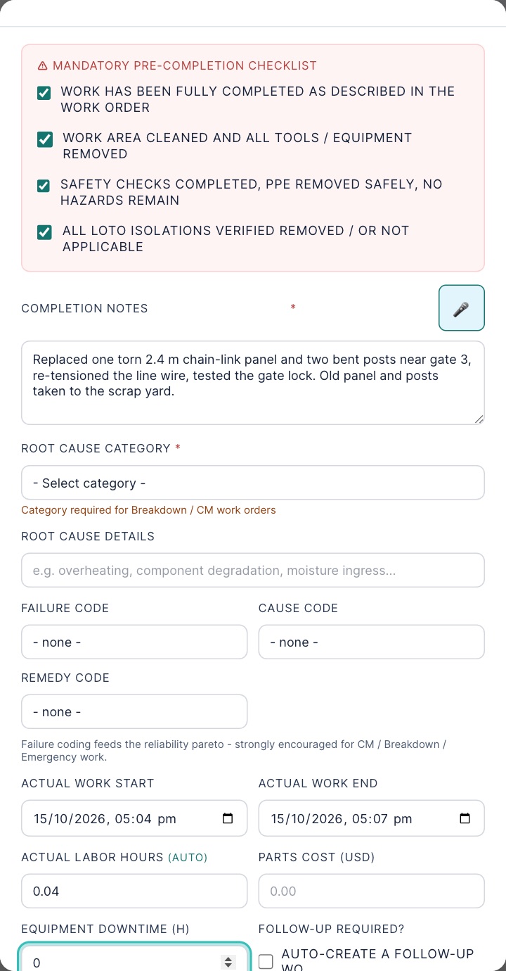 Complete Work Order dialog: a mandatory pre-completion checklist of four ticked statements, and a completion notes box describing the work done.