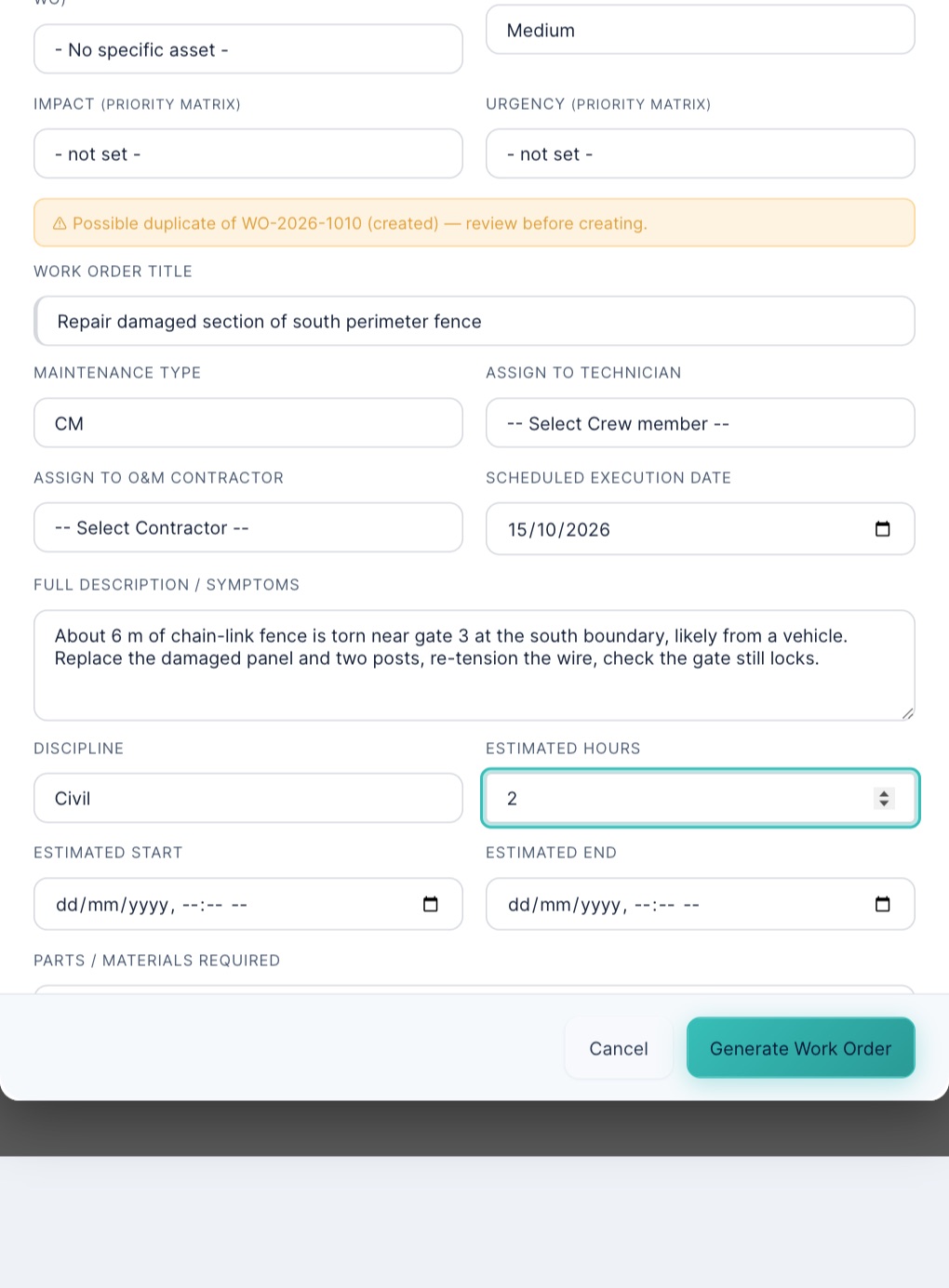 The new work order form filled in: asset Central Inverter Block A, priority Medium, title, maintenance type CM, scheduled date, description, discipline Electrical, estimated hours 2.